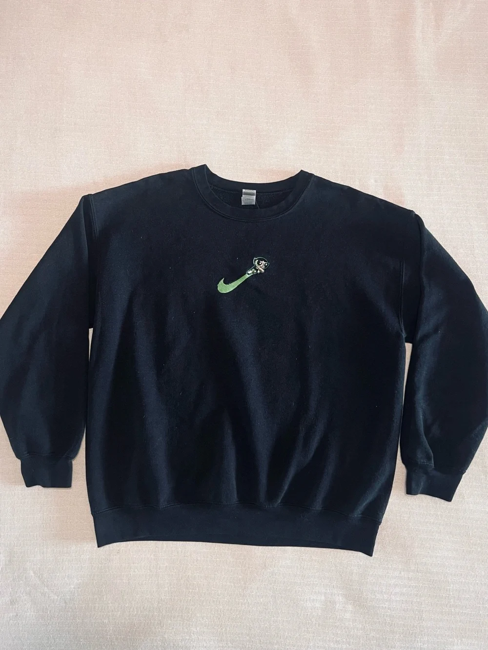 Black Crew Sweatshirt with Lime Green Swoosh and Character Embroidery
